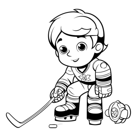 Cute boy playing hockey. Coloring book for children. Vector illu