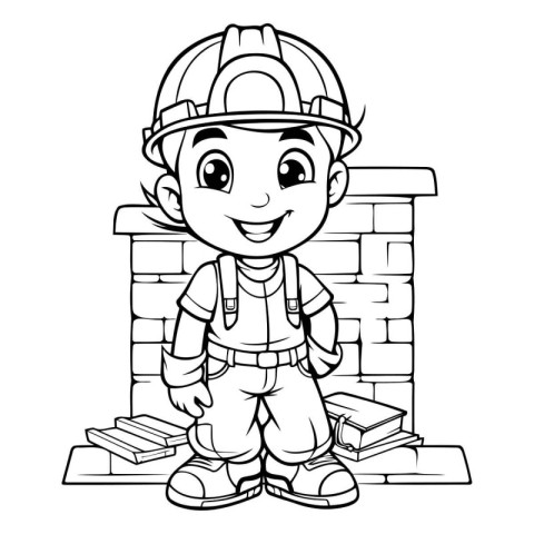 Black and White Cartoon Illustration of Cute Little Boy Builder