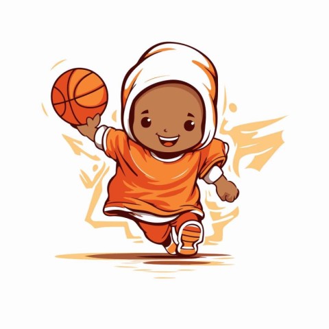 Cute little muslim girl playing basketball. cartoon vector illus