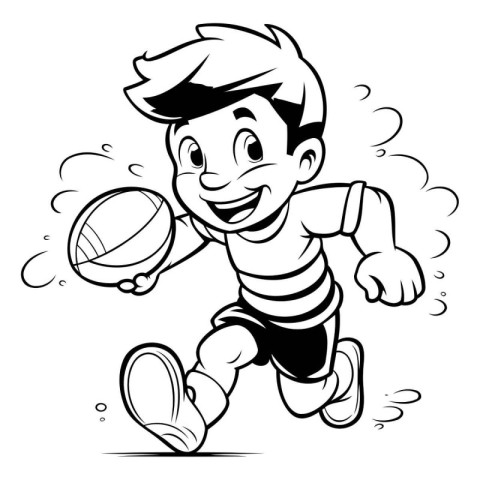 Boy playing rugby - Black and White Cartoon Illustration for Col