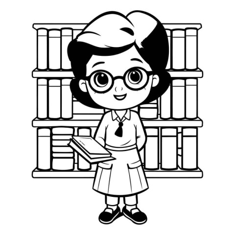 cute little student girl with bookshelf cartoon vector illustrat