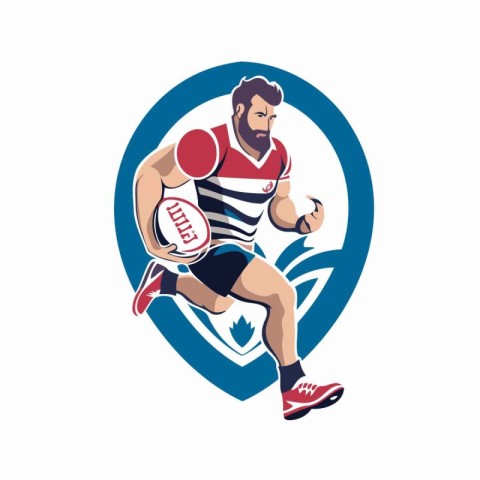 Rugby player with ball and shield. Vector illustration in retro