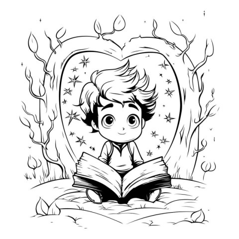 Boy reading a book in the forest. Black and white vector illustr