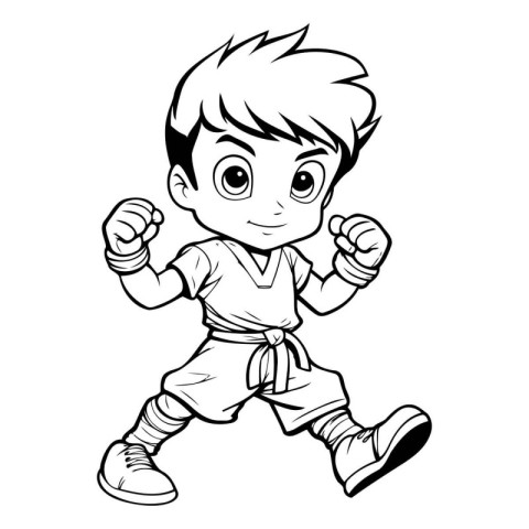 Karate Boy - Black and White Cartoon Mascot Illustration