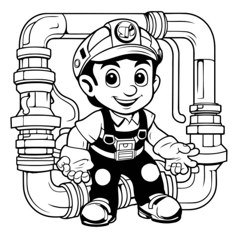 Black and White Cartoon Illustration of Cute Little Fireman Wear