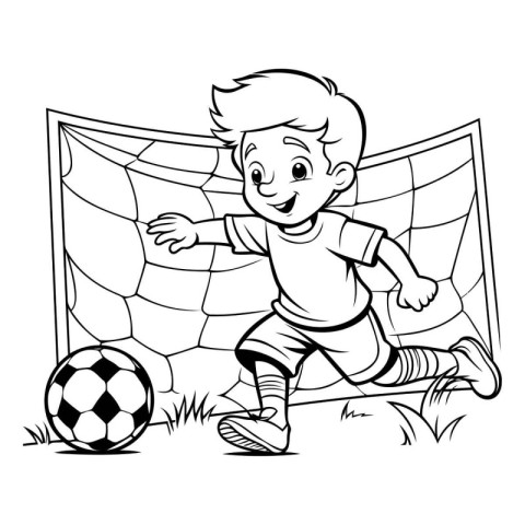 Boy playing soccer - black and white vector illustration for col