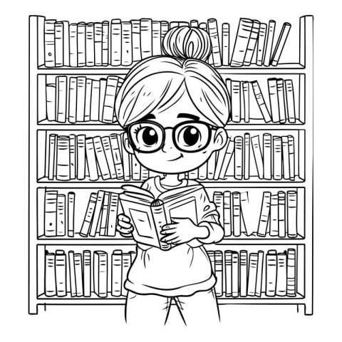 Girl reading a book in library. black and white vector illustrat