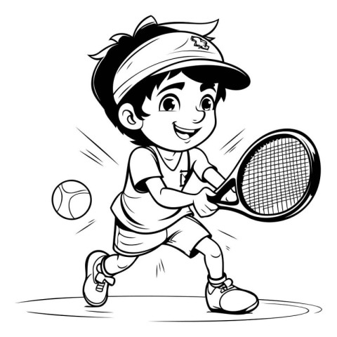 Black and White Cartoon Illustration of Kid Playing Tennis for C