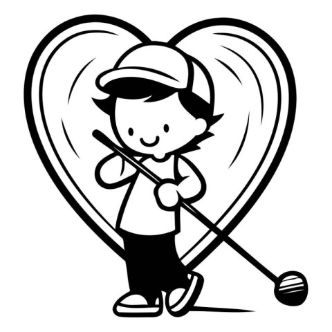 Golfer Boy with Heart Shape Golf Ball - Black and White Cartoon