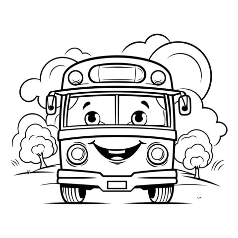 Black And White Cartoon Illustration of School Bus Character Mas