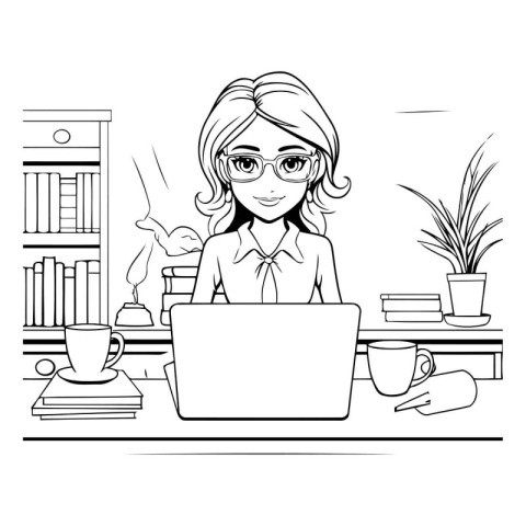 Businesswoman working on laptop at office. Black and white vecto