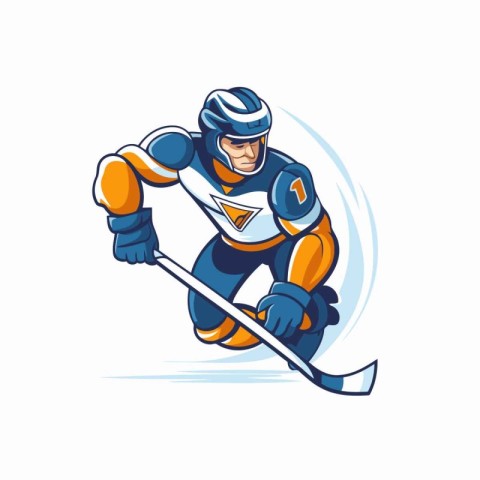 Ice hockey player with the stick and puck. Cartoon vector illust