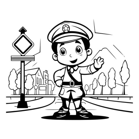 Cute boy in police uniform standing in the street. Vector illust