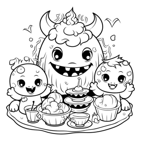 Black and White Cartoon Illustration of Happy Halloween Party fo