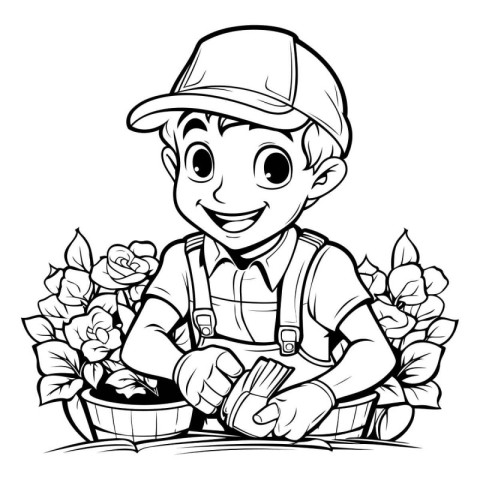 Black and White Cartoon Illustration of Gardener Boy with Flower