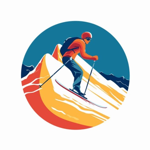 Skiing in the mountains. Winter sport. Vector illustration.