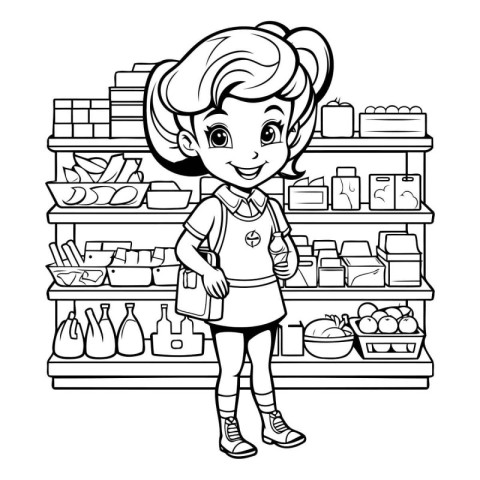 Supermarket Girl Coloring Page Outline. Vector Illustration.