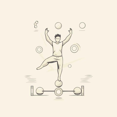 Illustration of a man playing soccer with balls on a balance bea