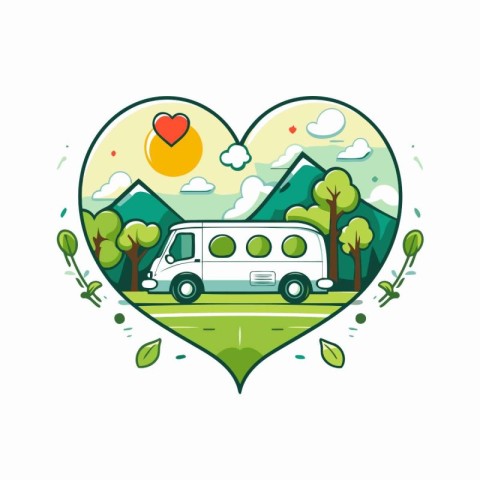 Camping in a camper van in heart shape. Vector illustration.