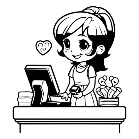 Black and White Cartoon Illustration of Cute Girl Playing Video