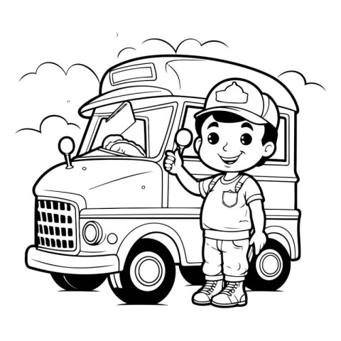 Boy with a toy truck. Vector illustration. Coloring book.