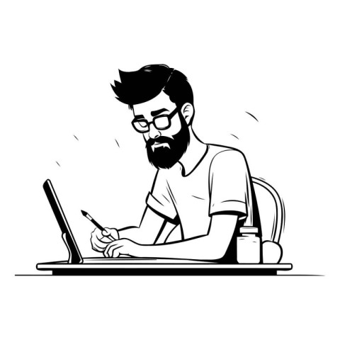 Man working on laptop. Black and white vector illustration in ca