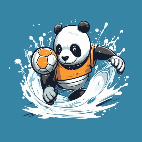 Vector illustration of panda playing soccer with ball on blue ba