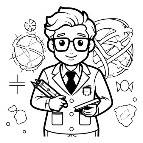 Black and White Cartoon Illustration of Scientist or Professor C