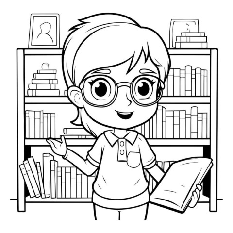 Girl with glasses reading a book in library cartoon vector illus