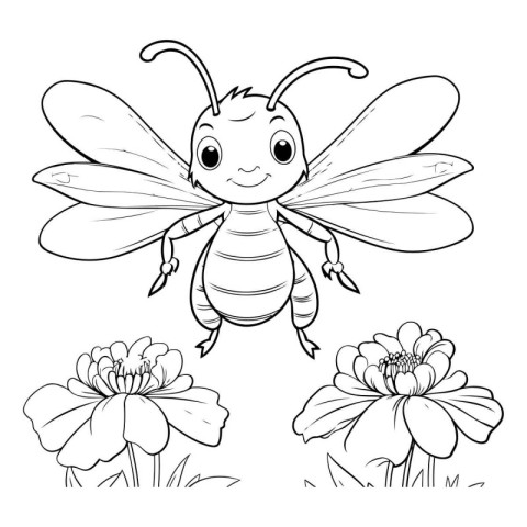 Coloring book for children: bee and flowers. Vector illustration