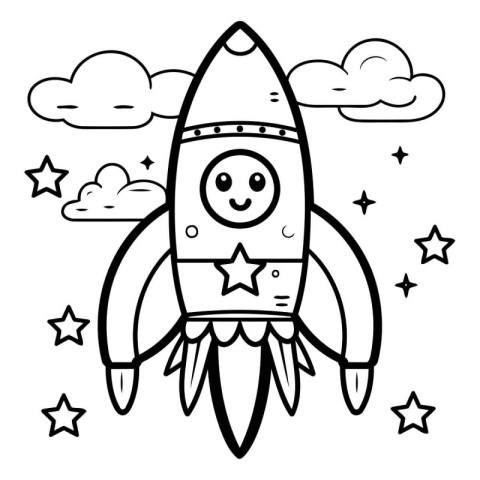 Coloring book for children: rocket in the sky (vector)