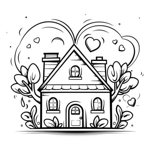 Hand drawn vector illustration or drawing of a house with a hear