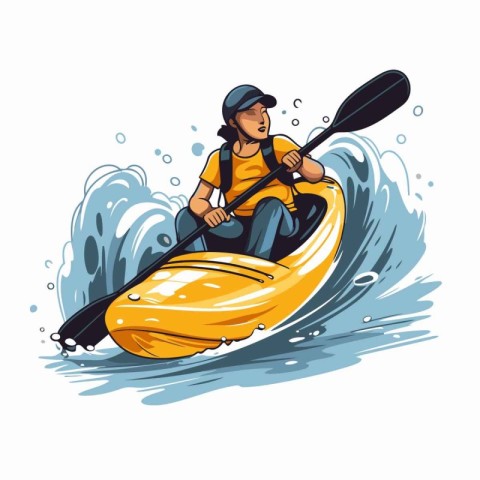 Man kayaking in the sea. Vector illustration on white background