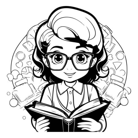 Vector illustration of a girl reading a book. Black and white dr