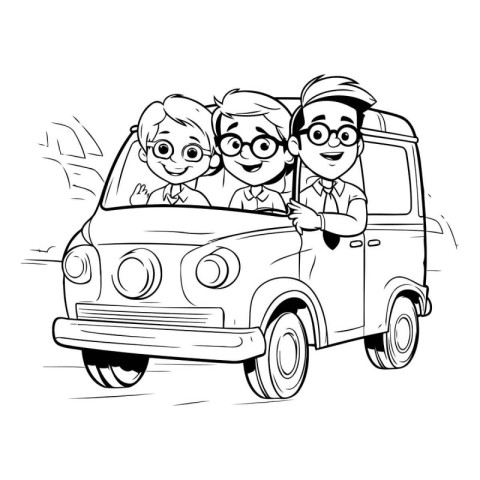 Vector illustration of a happy family driving a car. Coloring bo