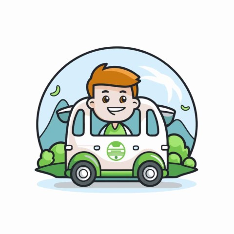 Cute boy driving a car. Vector illustration in cartoon style.