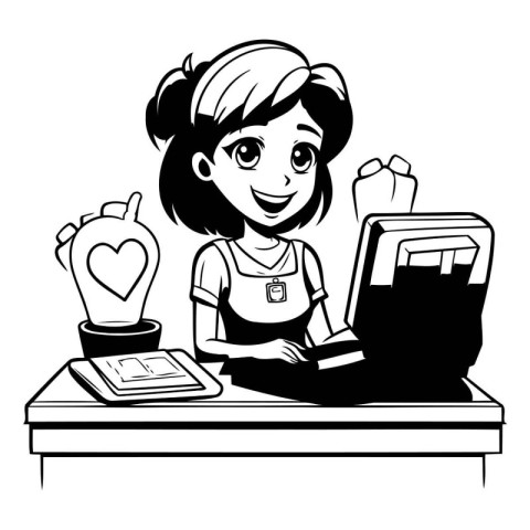 School girl at desk with laptop and books cartoon vector illustr