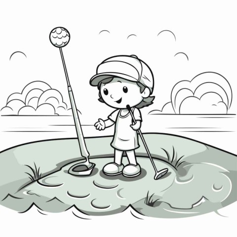 Illustration of a Kid Playing Golf on a Golf Course in the Summe