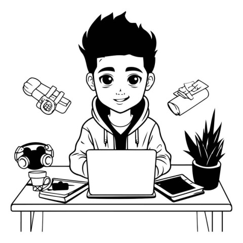 Teenager boy with laptop and technology elements cartoon vector