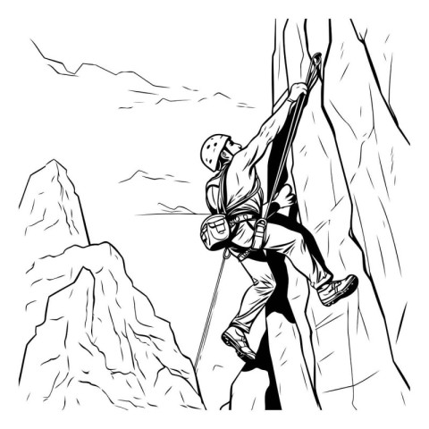 Rock climber climbs on the cliff. Vector illustration in sketch