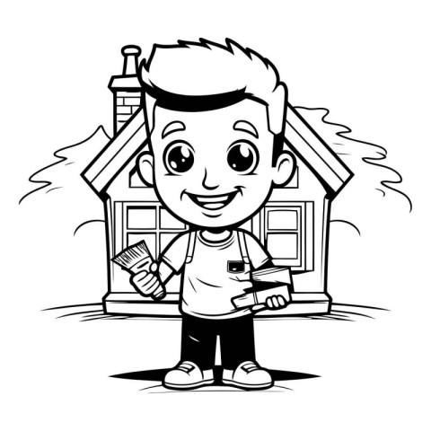 Cute Cartoon Boy Painting House - Black and White Vector Illustr