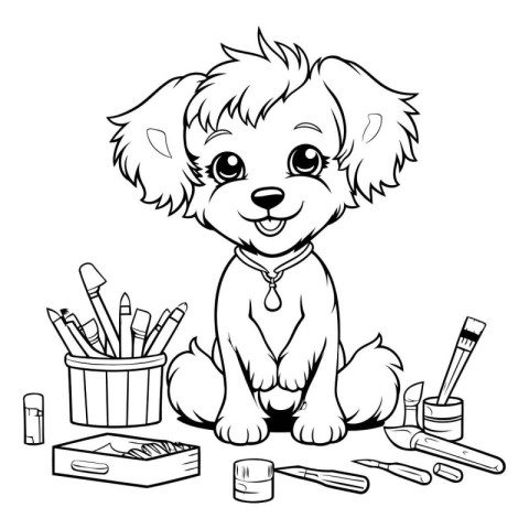 Cute little puppy with artist tools. Vector clip art illustratio