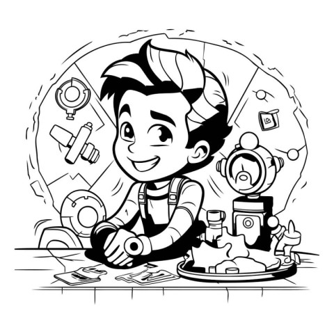 Cartoon Illustration of Kid Boy Cooking Food at the Kitchen Tabl