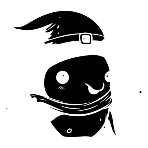 Black and white vector illustration of a witch in a hat and scar