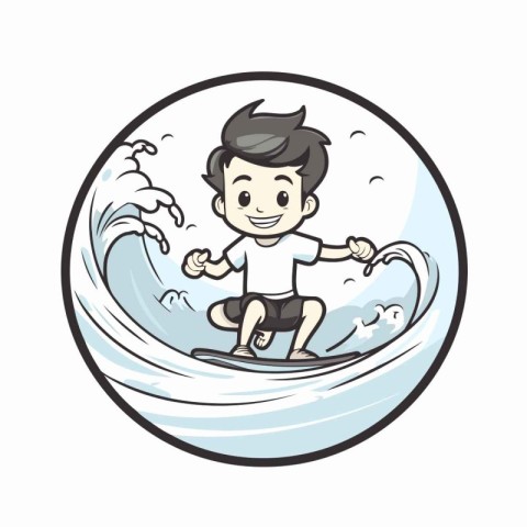 Boy surfing in the sea. Vector illustration of a boy surfing.