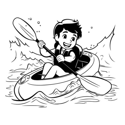 Boy paddling in a kayak. Black and white vector illustration.