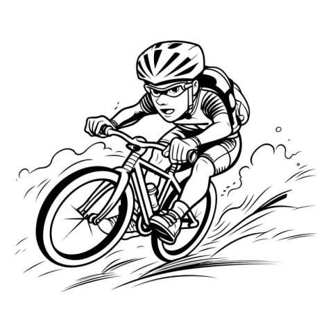 Cyclist on a mountain bike. Black and white vector illustration.