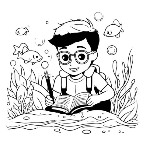 Boy reading a book in the sea. Vector illustration for coloring