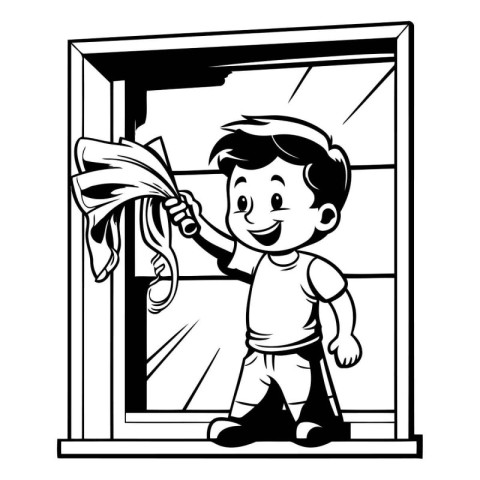 Boy cleaning window with cloth. black and white vector cartoon i