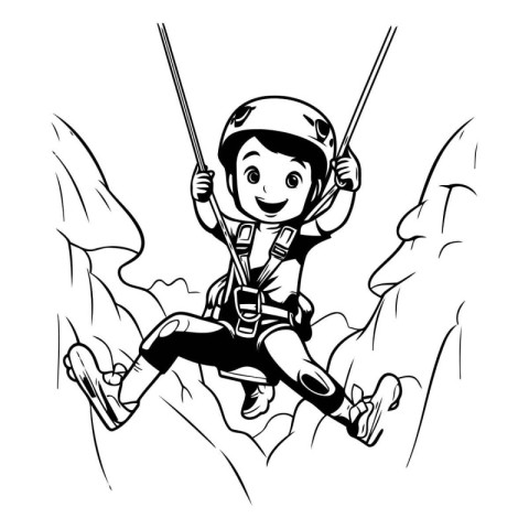 Climbing boy with rope and helmet. Black and white vector illust